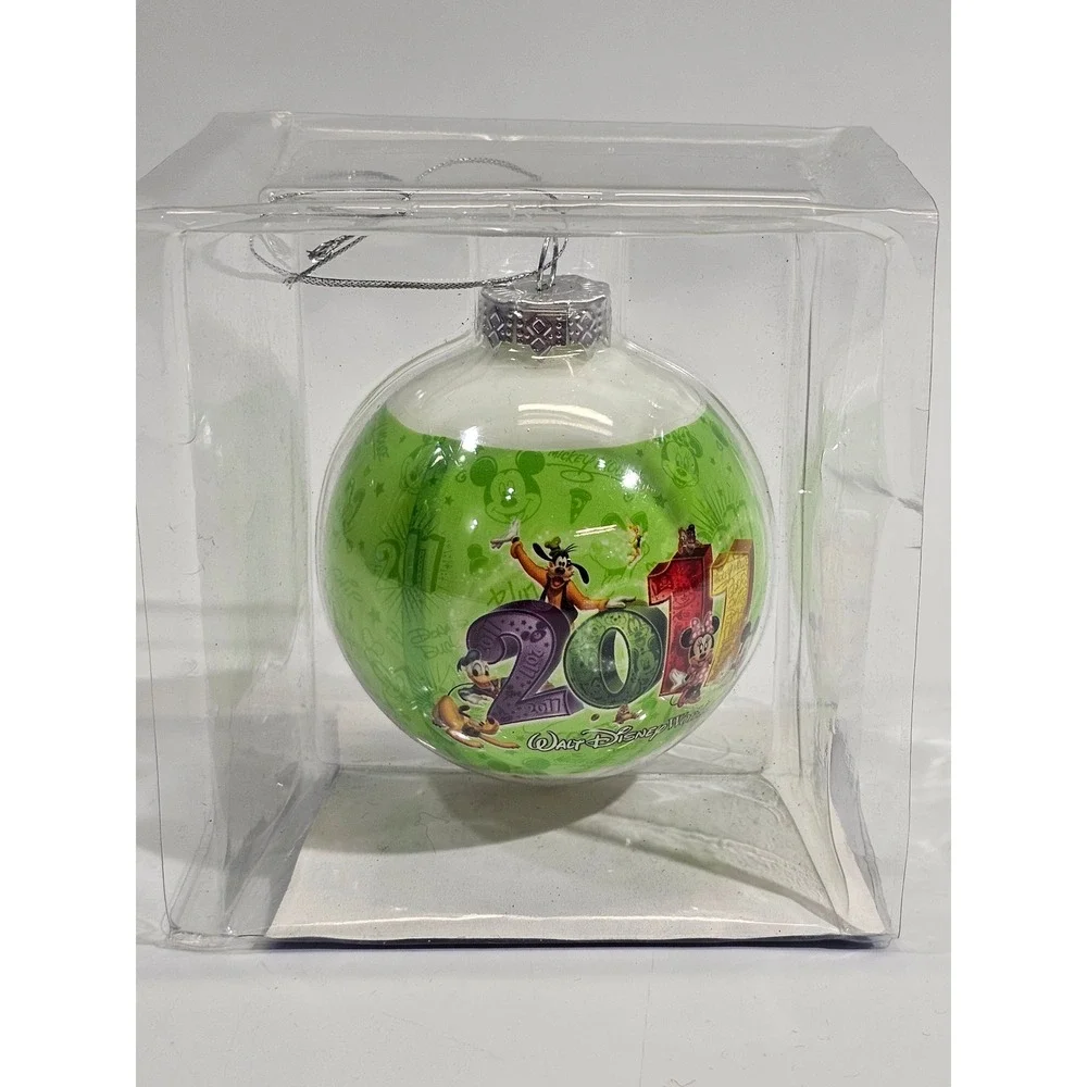Disney Parks 2011 Walt Disney World Glass Ornament Mickey Minnie Goofy Green WDW